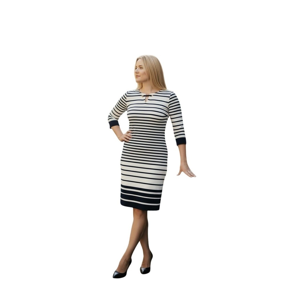 Sandra Darren Sheath Dress Women 16 Ivory Navy NWT Striped Split Neck 3/4 Sleeve